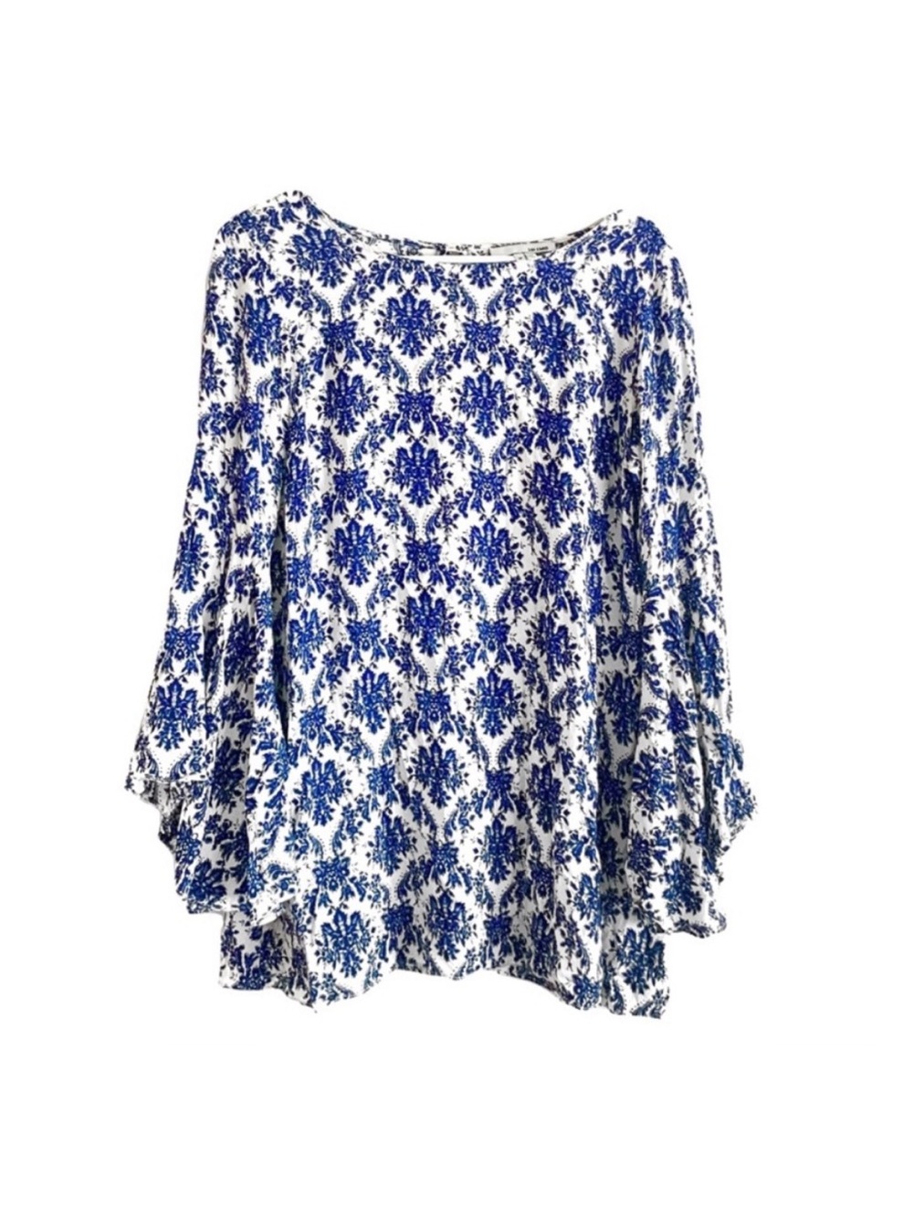 💋Solemio Off-White with Blue Floral Patterned Peasant Sleeve Blouse